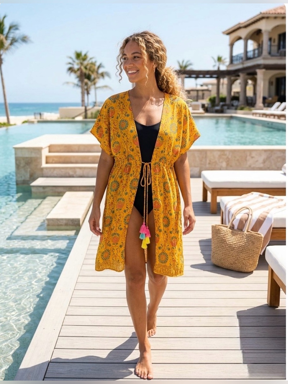 Violet Sky Bohemian y2K Floral Kimono Open Front Beach Cover Up M